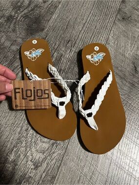 NEW Flojos White Braided-Strap Tan Footbed Flip Flops